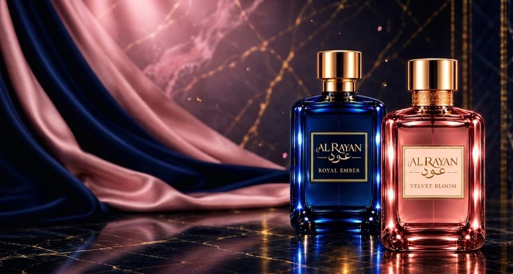 Al Rayan Oud Royal Ember and Velvet Bloom perfumes beside navy and blush silk on black and gold marble