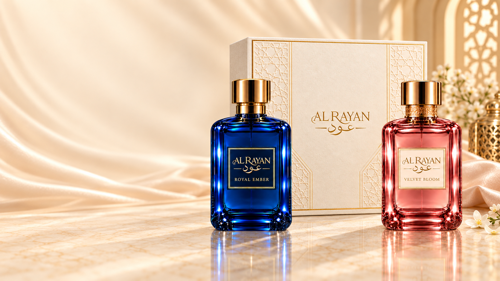 Royal Ember and Velvet Bloom with an ivory and gold Al Rayan gift box